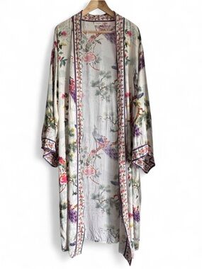 World Market Peacock Floral Kimono Duster Boho Festival OS Open Front